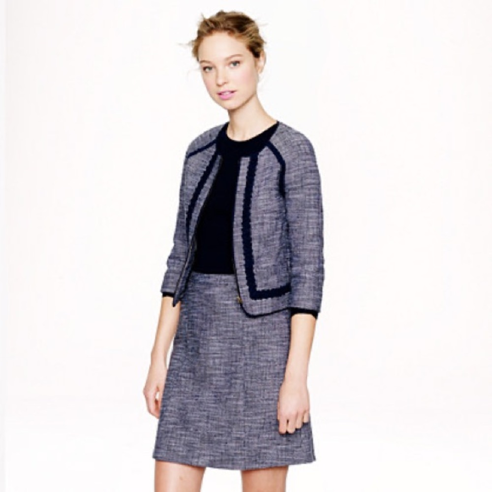 J. Crew Blue Tweed Cropped Blazer with Navy Trim